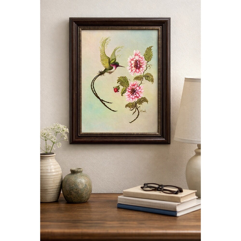 Vintage Framed Hummingbird Painting – Botanical Cottage Wall Art